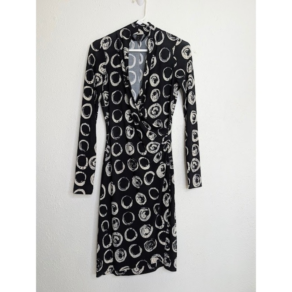 Kamalikulture Women Faux Wrap Dress Small Black White Print Long Sleeve Knee